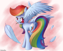 Size: 2454x2000 | Tagged: safe, artist:sentireaeris, rainbow dash, pegasus, pony, g4, backwards cutie mark, feather, female, flower, flower in mouth, high res, looking at you, mouth hold, paint tool sai, perspective, romance, rose, solo, spread wings, wings