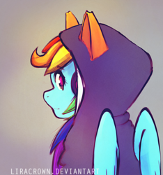 Size: 1091x1167 | Tagged: safe, artist:liracrown, rainbow dash, pony, g4, cat ears, clothes, female, headphones, hoodie, looking at you, looking back, solo, wings