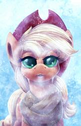 Size: 900x1398 | Tagged: safe, artist:tsitra360, applejack, earth pony, pony, g4, blowing, breath, clothes, cold, cowboy hat, female, freckles, hat, heart, looking at you, mare, open mouth, scarf, signature, snow, snowfall, solo, stetson