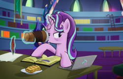 Size: 2972x1910 | Tagged: safe, artist:oinktweetstudios, starlight glimmer, pony, g4, apple fritter (food), bags under eyes, book, coffee, computer, drinking, female, food, glowing horn, horn, laptop computer, levitation, lidded eyes, magic, quill, solo, telekinesis, tired, twilight's castle, writing