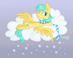 Size: 1024x817 | Tagged: safe, artist:flourret, sunshower raindrops, pegasus, pony, g4, chest fluff, clothes, cloud, cute, ear fluff, female, happy, lying down, mare, on a cloud, on back, relaxed wings, relaxing, scarf, signature, sky, smiling, snow, solo, spread wings, unshorn fetlocks, wings, winter