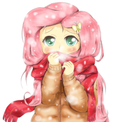 Size: 1400x1400 | Tagged: safe, artist:fromamida, fluttershy, equestria girls, g4, blushing, clothes, colored pupils, cute, female, jacket, looking at you, scarf, shy, shyabetes, simple background, snow, snowfall, solo, white background