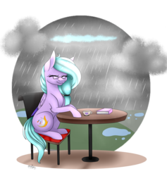 Size: 2178x2301 | Tagged: safe, artist:ohhoneybee, oc, oc only, oc:moon flare, pegasus, pony, book, cloud, female, food, glasses, high res, mare, rain, solo, table, tea