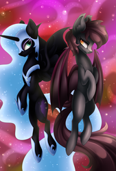Size: 2547x3762 | Tagged: safe, artist:scarlet-spectrum, nightmare moon, oc, oc:ventress, bat pony, pony, g4, commission, duo, helmet, high res