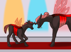 Size: 1000x727 | Tagged: safe, artist:foxenawolf, oc, oc only, oc:kirrabek, oc:queen carpacia, changeling, changeling queen, fanfic:quantum gallop, changeling oc, changeling queen oc, duo, fanfic, fanfic art, female, red changeling