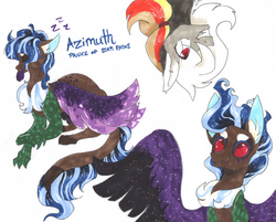 Size: 3056x2452 | Tagged: safe, artist:frozensoulpony, oc, oc only, oc:anarchy, oc:prince azimuth, hybrid, high res, interspecies offspring, offspring, parent:discord, parent:princess luna, parents:lunacord, simple background, traditional art, white background, zzz