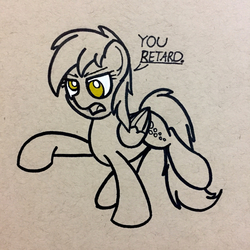 Size: 1334x1334 | Tagged: safe, artist:ashtoneer, derpy hooves, pegasus, pony, g4, angry, female, mare, monochrome, partial color, reaction image, retard, solo