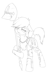 Size: 2700x3990 | Tagged: safe, artist:anearbyanimal, oc, oc only, oc:padlock, pony, armor, commission, fantasy class, helmet, high res, knight, lineart, monochrome, paladin, solo, spear, tired, warrior, weapon, wip