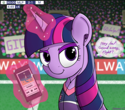 Size: 2314x2044 | Tagged: safe, artist:ashtoneer, twilight sparkle, pony, g4, /m/, /mlp/, 4chan, 4chan cup, bust, clothes, earbuds, electric light orchestra, elo, female, high res, lidded eyes, looking at you, mare, music, phone, pun, shirt, sitting, smiling, soccer field, starry eyes, twilight (song), wingding eyes