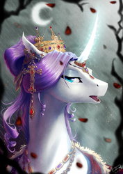 Size: 1240x1753 | Tagged: safe, artist:begasus, rarity, pony, unicorn, g4, alternate hairstyle, crown, curved horn, female, gem, glowing horn, horn, jewelry, looking at you, magic, mare, moon, necklace, regalia, ruby, solo, traditional art