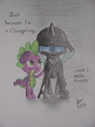 Size: 3000x4000 | Tagged: safe, artist:brianchoobrony-artie, spike, thorax, changeling, g4, the times they are a changeling, crying, sad, traditional art