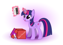 Size: 5000x3560 | Tagged: safe, artist:uliks-uliks, twilight sparkle, alicorn, pony, g4, absurd resolution, box, cute, eyes on the prize, female, happy, iphone, levitation, magic, mare, open mouth, present, russian, simple background, smiling, solo, telekinesis, twilight sparkle (alicorn), white background