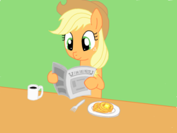 Size: 1600x1200 | Tagged: safe, artist:franzeir, applejack, earth pony, pony, g4, butter, cup, dexterous hooves, female, foal free press, food, fork, green background, newspaper, simple background, solo, waffle