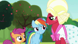 Size: 480x270 | Tagged: safe, artist:wissle, edit, edited screencap, screencap, apple bloom, big macintosh, rainbow dash, scootaloo, earth pony, pegasus, pony, brotherhooves social, g4, season 5, animated, bloomers, bowtie, clothes, crossdressing, dress, female, filly, foal, gif, hat, judges, lipstick, male, mare, orchard blossom, parody, raspberry, scene parody, sound at source, stallion, table, tongue out, wig, youtube link