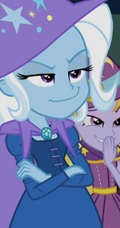 Size: 402x761 | Tagged: safe, screencap, lavender lace, trixie, equestria girls, g4, faic, fall formal outfits, smirk, smug, solo focus, trixie's cape, trixie's hat