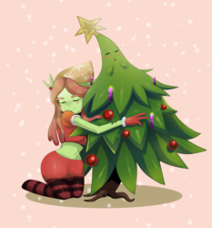 Size: 1492x1602 | Tagged: safe, artist:traupa, tree hugger, anthro, unguligrade anthro, g4, bandana, blushing, christmas tree, clothes, eyes closed, female, hug, kneeling, literal, name pun, pun, socks, solo, striped socks, tree, tree hugger hugging a tree