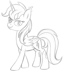 Size: 1392x1555 | Tagged: safe, artist:thebowtieone, oc, oc only, oc:wintereous flame, alicorn, pony, alicorn oc, eyelashes, female, mare, monochrome, sketch, solo