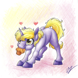 Size: 2093x2097 | Tagged: safe, artist:lupiarts, dinky hooves, pony, unicorn, g4, cute, dinkabetes, female, food, heart, high res, mouth hold, muffin, solo, traditional art, unshorn fetlocks