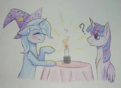Size: 2038x1485 | Tagged: safe, artist:artica69, trixie, twilight sparkle, alicorn, pony, g4, blushing, candle, cute, date, dinner, eyes closed, female, lesbian, nervous, question mark, ship:twixie, shipping, sketch, sweat, sweatdrop, table, trixie's hat, twilight sparkle (alicorn)