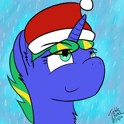 Size: 5000x5000 | Tagged: safe, artist:treble sketch, oc, oc only, oc:treble sketch, pony, unicorn, absurd resolution, christmas, hat, looking up, santa hat, smiling, snow, solo