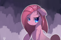 Size: 1280x828 | Tagged: safe, artist:kawaiipony2, pinkie pie, earth pony, pony, g4, colored pupils, female, floppy ears, frown, gradient background, gray background, pinkamena diane pie, raised hoof, signature, simple background, solo