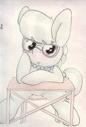 Size: 688x1007 | Tagged: safe, artist:slightlyshade, silver spoon, earth pony, pony, g4, chair, female, glasses, solo, table