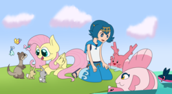 Size: 3657x2011 | Tagged: safe, artist:supercoco142, fluttershy, alomomola, butterfly, corsola, ferret, finneon, luvdisc, rabbit, g4, crossover, high res, lana, ocean, pokémon, pokémon sun and moon, water