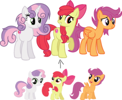 Size: 1070x878 | Tagged: safe, artist:spookiibunnii, apple bloom, scootaloo, sweetie belle, g4, base used, cutie mark, cutie mark crusaders, older, the cmc's cutie marks