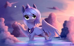 Size: 2560x1600 | Tagged: dead source, safe, artist:gianghanz, princess luna, alicorn, pony, g4, cloud, crown, cute, female, jewelry, looking at you, lunabetes, regalia, s1 luna, smiling, solo, spread wings, water
