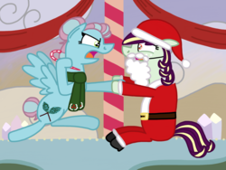 Size: 2048x1536 | Tagged: safe, artist:kindheart525, oc, oc only, oc:pristine melody, oc:turquoise edge, kindverse, candy, candy cane, clothes, costume, food, magical lesbian spawn, offspring, open mouth, parent:applejack, parent:coloratura, parent:limestone pie, parent:zephyr breeze, parents:rarajack, parents:zephyrstone, rock farm, santa costume, scarf