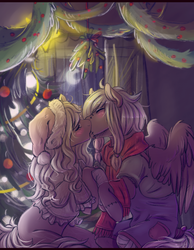 Size: 777x999 | Tagged: safe, artist:1an1, oc, oc only, christmas tree, couple, crescent moon, eyes closed, holly, holly mistaken for mistletoe, kissing, love, moon, tree, window