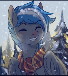 Size: 779x872 | Tagged: safe, artist:1an1, oc, oc only, oc:cloud zapper, pegasus, pony, clothes, eyes closed, pine tree, scarf, smiling, snow, snowfall, solo, tree