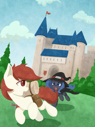 Size: 750x1000 | Tagged: safe, artist:l8lhh8086, oc, oc only, oc:sain, oc:sword, pony, castle, female, filly, hat, open mouth, running, solo, younger