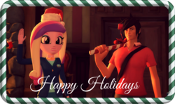 Size: 1920x1137 | Tagged: safe, artist:razethebeast, princess cadance, equestria girls, g4, 3d, crossover, duo, femscout, hat, looking at you, merry christmas, santa hat, smiling, source filmmaker, team fortress 2