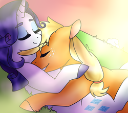 Size: 2264x2000 | Tagged: safe, artist:pandemiamichi, applejack, rarity, pony, g4, eyes closed, female, high res, lesbian, mare, ship:rarijack, shipping, smiling, snuggling