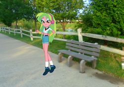 Size: 1346x950 | Tagged: safe, artist:eli-j-brony, lemon zest, equestria girls, g4, belly button, bench, clothes, equestria girls in real life, green, midriff, short shirt, shorts, tree