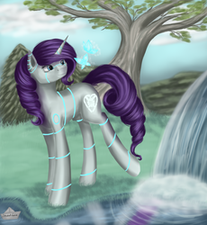 Size: 2300x2500 | Tagged: safe, artist:studentlaure, oc, oc only, oc:raribot, butterfly, pony, robot, robot pony, unicorn, cutie mark, female, grass, high res, hooves, horn, mare, outdoors, raribot, solo, tree, water
