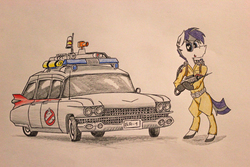 Size: 5184x3456 | Tagged: safe, artist:bumskuchen, oc, oc only, oc:aloe, pony, zebra, 59 cadillac, absurd resolution, ambulance, cadillac, car, clothes, ecto-1, ghostbusters, request, solo, station wagon, traditional art, vehicle