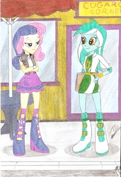 Size: 1599x2338 | Tagged: safe, artist:metaldudepl666, bon bon, lyra heartstrings, sweetie drops, equestria girls, g4, alternate clothes, boots, clothes, duo, duo female, female, high heel boots, high heels, jacket, skirt, socks, traditional art