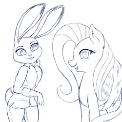 Size: 1280x1280 | Tagged: safe, artist:fluttershy-wins, fluttershy, rabbit, g4, judy hopps, sketch, zootopia