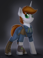 Size: 1143x1548 | Tagged: safe, artist:allyster-black, oc, oc only, oc:littlepip, pony, unicorn, fallout equestria, clothes, fanfic, fanfic art, female, jumpsuit, mare, pipboy, pipbuck, simple background, solo, vault suit