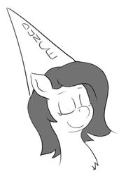 Size: 739x970 | Tagged: artist needed, source needed, safe, oc, oc only, oc:filly anon, earth pony, pony, bust, chest fluff, dunce hat, eyes closed, female, filly, grayscale, hat, monochrome, simple background, solo, white background