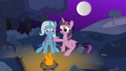 Size: 3200x1800 | Tagged: safe, artist:farglider, trixie, twilight sparkle, alicorn, pony, g4, campfire, duo, moon, night, sad, trixie's cape, twilight sparkle (alicorn)