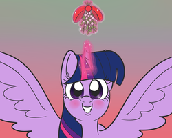 Size: 1500x1200 | Tagged: safe, artist:yakoshi, twilight sparkle, alicorn, pony, g4, blushing, female, levitation, looking at you, magic, mistletoe, solo, telekinesis, twilight sparkle (alicorn)