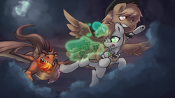 Size: 1920x1080 | Tagged: safe, artist:darksittich, oc, oc only, oc:calamity, oc:littlepip, oc:mister topaz, dragon, pegasus, pony, unicorn, fallout equestria, battle saddle, clothes, cloud, cutie mark, dashite, dragon wings, fanfic, fanfic art, fangs, female, fire, flying, glowing horn, grenade, gun, hat, hooves, horn, jumpsuit, levitation, magic, male, mare, moon, open mouth, pipbuck, rifle, saddle bag, spread wings, stallion, teeth, telekinesis, this will end in explosions, vault suit, weapon, wings