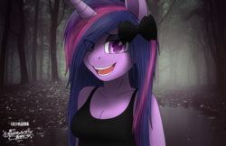 Size: 3400x2200 | Tagged: safe, artist:mcflurrylazermuffin, twilight sparkle, anthro, g4, bow, breasts, clothes, female, forest, hair bow, hair over one eye, high res, looking at you, loose hair, open mouth, smiling, solo, tank top