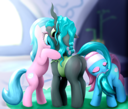 Size: 3000x2556 | Tagged: safe, artist:mgmax, aloe, lotus blossom, queen chrysalis, changeling, changeling queen, earth pony, pony, g4, bath, blurry background, blushing, brushing, bugbutt, butt, butt blush, chrysalass, clothes, combing, dock, dress, embarrassed, female, hair curlers, headcanon, high res, looking back, looking down, mare, open mouth, plant, plot, tail, trio, trio female