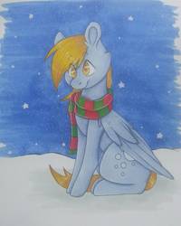 Size: 1224x1530 | Tagged: safe, artist:pinkcloudhugger, derpy hooves, pegasus, pony, g4, clothes, colored pupils, female, scarf, sitting, smiling, snow, snowfall, solo, traditional art, winter