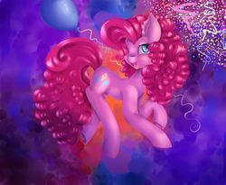 Size: 1500x1230 | Tagged: safe, artist:twillybrownie, pinkie pie, earth pony, pony, g4, balloon, confetti, female, party, solo