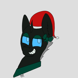 Size: 800x800 | Tagged: safe, artist:axisthechangeling, oc, oc only, oc:axis the changeling, changeling, 2016, blue eyes, bow, changeling oc, christmas, christmas changeling, clothes, colored, cute, hat, santa hat, scarf, signature, solo